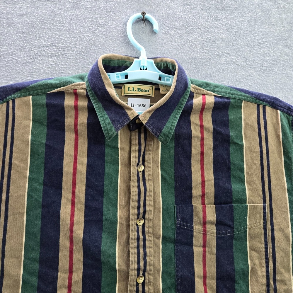 VINTAGE LL Bean Men Button Up Shirt Large Green Striped Long Sleeve Pocket‎ - Picture 9 of 11